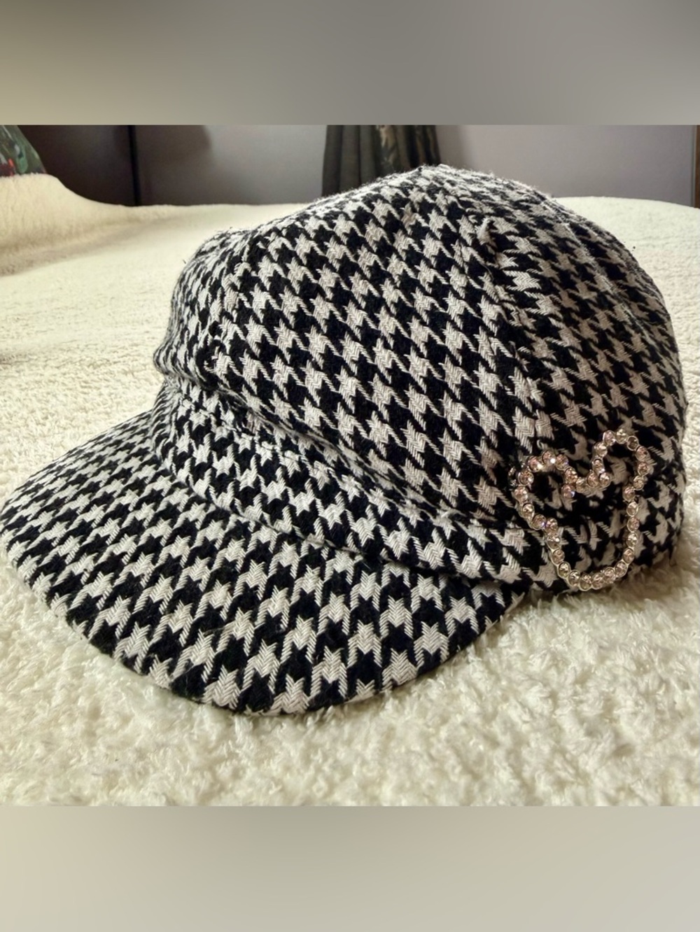 Disney Black and White Houndstooth Newsboy Hat with Rhinestone Mickey Accent